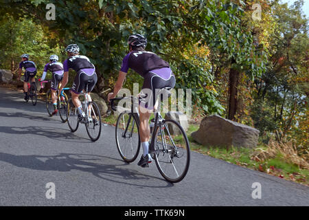 Vista posteriore di uomini in bicicletta sulla strada Foto Stock