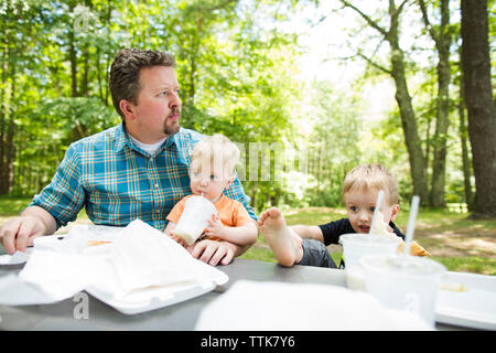 Padre con figli seduti al tavolo da picnic nel parco Foto Stock