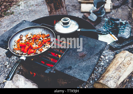 Angolo di Alta Vista del cibo nel recipiente di cottura su una buca per il fuoco nel campeggio Foto Stock