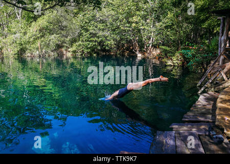 Vista laterale della donna le immersioni nel lago Foto Stock