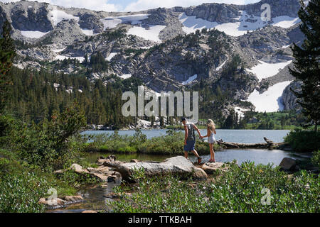 Giovane tenendo le mani mentre passeggiate sul lungolago contro la coperta di neve montagna nel bosco durante la giornata di sole Foto Stock