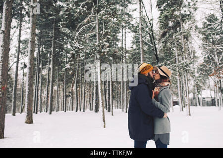 Coppia romantica baciare mentre permanente sulla coperta di neve campo nella foresta Foto Stock