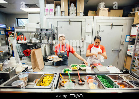 Femmina di collaboratori che lavorano in cucina commerciale Foto Stock