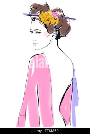 La Geisha. La moda dello sfondo. Abstract ritratto di donna. Schizzo di Moda. Illustrazione di Moda. Pittura ragazza asiatica. Con bacchette e fiori. Disegnare a mano Foto Stock