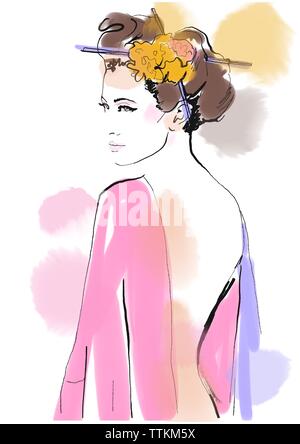 La Geisha. La moda dello sfondo. Abstract ritratto di donna. Schizzo di Moda. Illustrazione di Moda. Pittura ragazza asiatica. Con bacchette e fiori. Disegnare a mano Foto Stock