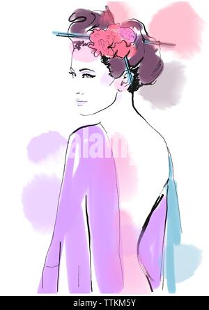 La Geisha. La moda dello sfondo. Abstract ritratto di donna. Schizzo di Moda. Illustrazione di Moda. Pittura ragazza asiatica. Con bacchette e fiori. Disegnare a mano Foto Stock