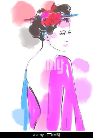 La Geisha. La moda dello sfondo. Abstract ritratto di donna. Schizzo di Moda. Illustrazione di Moda. Pittura ragazza asiatica. Con bacchette e fiori. Disegnare a mano Foto Stock