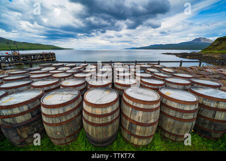 Vista di scotch whisky di barili a Bunnahabhain distilleria sull isola di Islay nelle Ebridi Interne della Scozia, Regno Unito Foto Stock