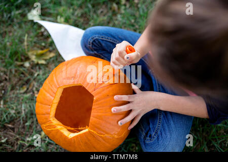 Angolo di Alta Vista della ragazza carving zucca mentre è seduto sul campo nel cantiere durante il periodo di Halloween Foto Stock