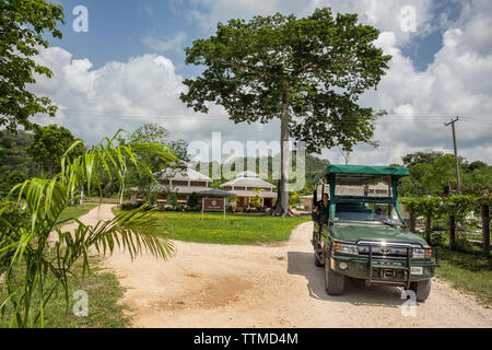 BELIZE, Punta Gorda, Toledo, la vista come si entra in Belcampo Belize Lodge e Jungle Farm che fu costruito sulle terre che risalgono al classico M Foto Stock