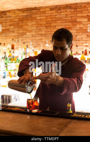 BRASILE, Rio de Janiero, un barista versa un drink al bar all'interno dell'hotel Fasano Foto Stock