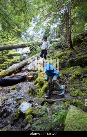 Stati Uniti d'America, Oregon, Oregon Cascades, ragazzi escursione e check out il Proxy superiore cade nel Wilamette Foresta Nazionale all' inizio dell' autunno, McKenzie Pass Foto Stock