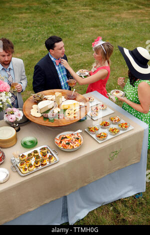 Stati Uniti d'America, Tennessee, Nashville, Iroquois siepi, stand di amici intorno a un tavolo da buffet di mangiare e di bere Foto Stock