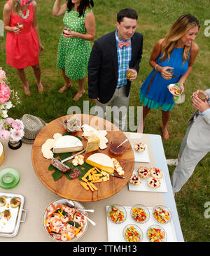 Stati Uniti d'America, Tennessee, Nashville, Iroquois siepi, stand di amici intorno a un tavolo da buffet di mangiare e di bere Foto Stock