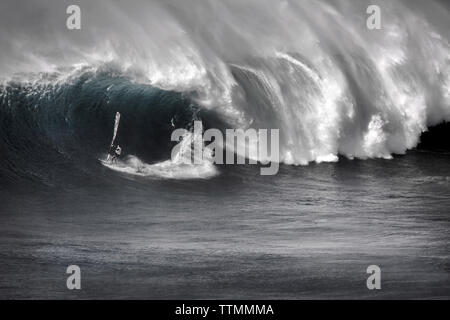 Stati Uniti d'America, Hawaii Maui, un uomo surf sulle onde enormi in corrispondenza di una interruzione chiamati ganasce o Peahi (B&W) Foto Stock