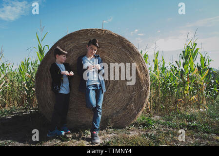 Fratelli in piedi da balle di fieno nel campo di mais contro sky Foto Stock