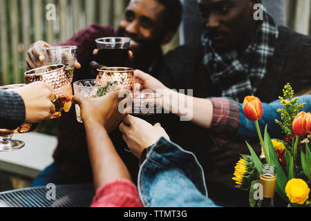 Happy amici tostare un drink seduti nel cortile posteriore Foto Stock