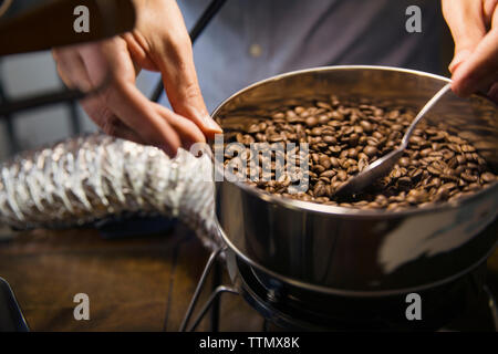 Sezione mediana dell'uomo la tostatura i chicchi di caffè in macchinari presso il cafe Foto Stock