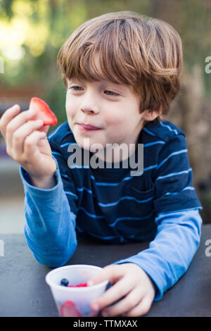 Ragazzo sorridente mangiare fragole all'aperto Foto Stock