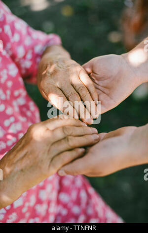 Close-up di nonna nipote tenendo le mani a backyard Foto Stock
