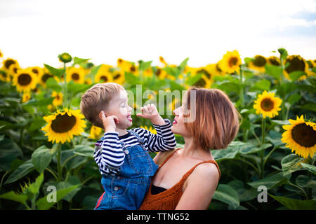 Azienda madre figlio su mani e sorridente insieme nel campo di girasoli Foto Stock