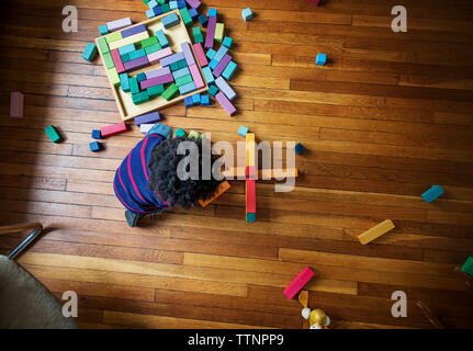 Vista aerea del ragazzo giocando con blocchi giocattolo sul pavimento di legno a casa Foto Stock