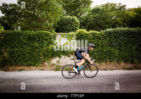 Vista laterale dell'uomo ciclismo su strada coperta di edera parete Foto Stock