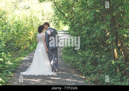 Vista posteriore della sposa giovane kissing mentre permanente sulla strada dalle piante Foto Stock