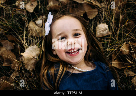 Ritratto di overhead di carino allegro ragazza distesa sul campo al parco durante l'autunno Foto Stock