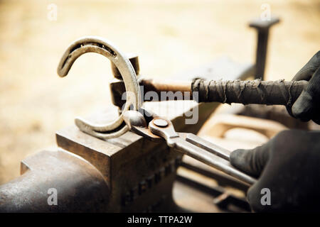 Tagliata di maniscalco messa a ferro di cavallo sull'incudine Foto Stock