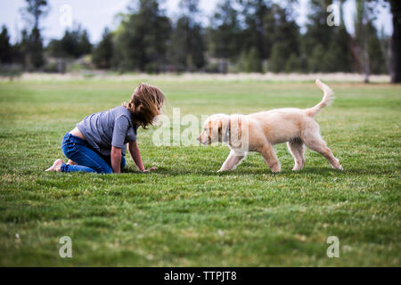 Vista laterale della ragazza che gioca con il cane sul campo Foto Stock