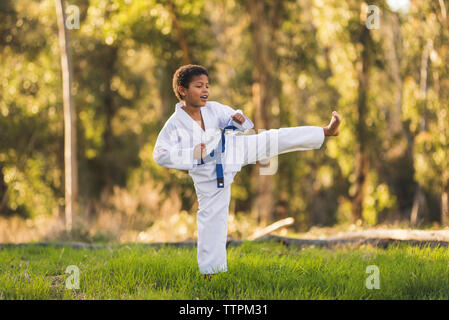 Ragazzo la pratica del karate sul campo erboso a park Foto Stock