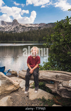 Ritratto di sorridere ragazzo seduto sul tronco di albero contro il lago nella foresta Foto Stock