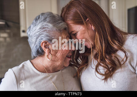 Close up di Senior donna adulta e nipote di toccare fronte Foto Stock