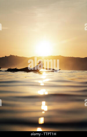 Vista laterale del surfista femmina giacente sulla tavola da surf in mare durante il tramonto Foto Stock