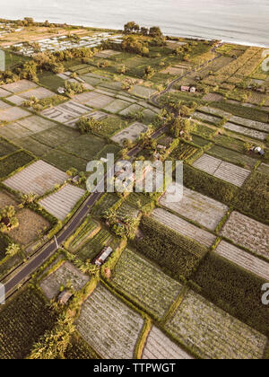 Vista aerea di campi agricoli in prossimità della strada Foto Stock