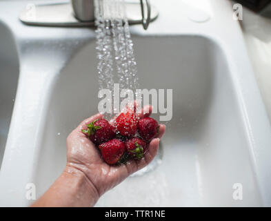 Ritagliate la mano della donna di fragole di lavaggio nel lavello da cucina a casa Foto Stock