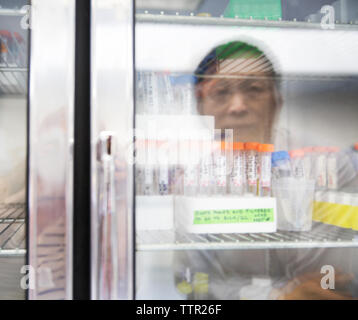 La riflessione della femmina senior scientist in armadio con le provette per la prova Foto Stock