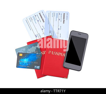 Carte di credito con biglietti isolato su bianco Foto Stock