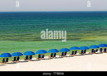 Sedie a sdraio e ombrelloni in spiaggia Foto Stock