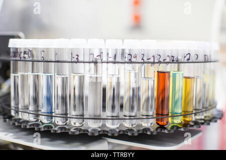 Close-up di rack per provette in laboratorio Foto Stock