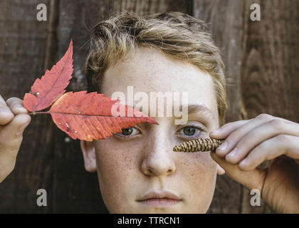 Close-up ritratto di ragazzo tenendo le foglie di autunno e cono di pino contro il legno Foto Stock