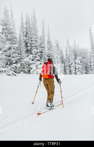 Sciatore femmina in rosso nello zaino in medio del wyoming inverno Foto Stock