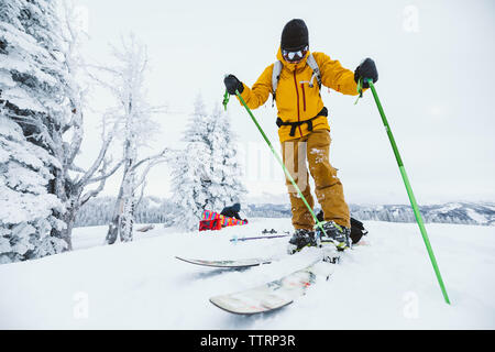 Sciatore clip nel vincolante dopo le escursioni di sci backcountry Wyoming Foto Stock