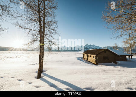 Vecchia cabina sulla terra protetto in Wyoming con teton viste al tramonto Foto Stock