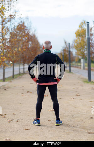 Vista posteriore del senior uomo con le mani sui fianchi esercizio al parco durante l'autunno Foto Stock