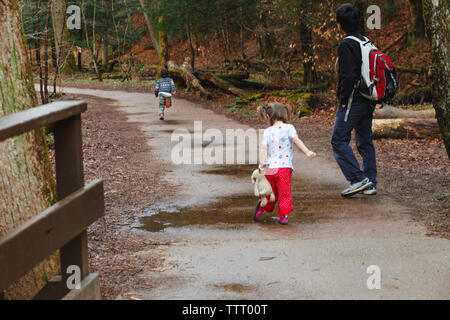 Un padre va su una escursione con i suoi figli verso il basso un sentiero nel bosco Foto Stock