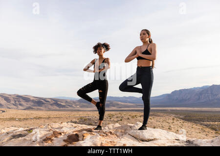 Amici di sesso femminile meditando mentre permanente sulla formazione di roccia contro sky Foto Stock