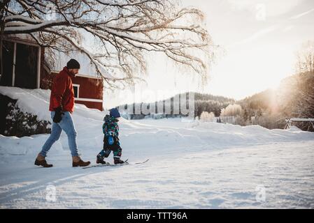 Padre figlio passeggiate sci di fondo in bianco neve invernale della foresta Foto Stock