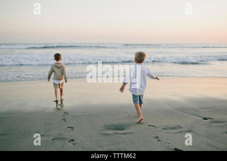 Vista posteriore dei fratelli in cammino verso il mare contro il cielo a spiaggia Foto Stock